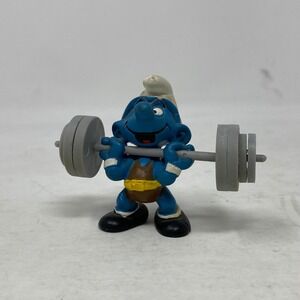 Vintage Peyo Smurf Weightlifter PVC Figure Barbell Gym Fitness Toy MISSING PLATE